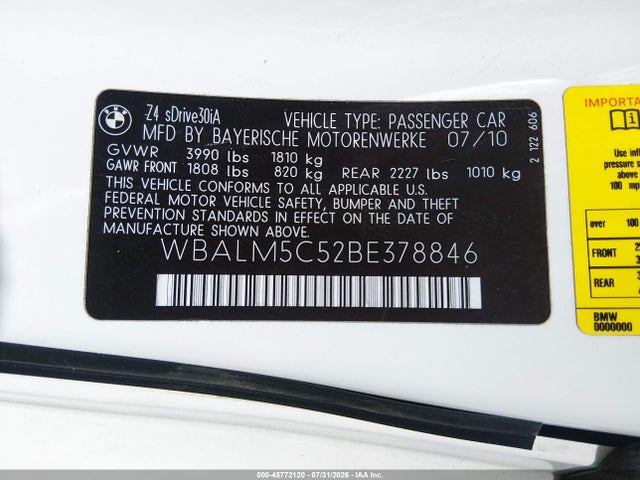 Aukcja sprzedaży 2011 Bmw Z4 Sdrive30i, vin: WBALM5C52BE378846, numer aukcji: 45772120