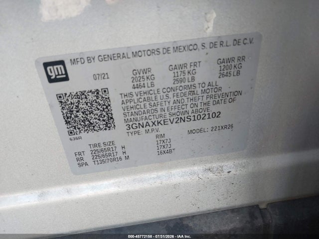 2022 Chevrolet Equinox Fwd Lt მანქანა იყიდება აუქციონზე, vin: 3GNAXKEV2NS102102, აუქციონის ნომერი: 45772158