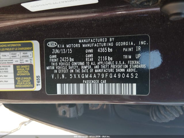 2015 Kia Optima Lx მანქანა იყიდება აუქციონზე, vin: 5XXGM4A79FG490452, აუქციონის ნომერი: 45772159