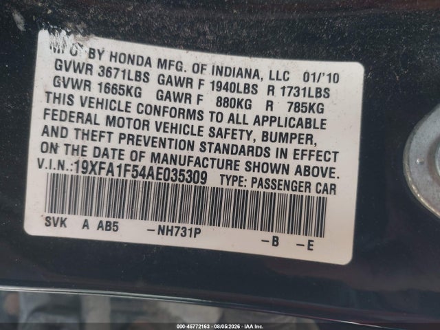 Продажа на аукционе авто 2010 Honda Civic Lx, vin: 19XFA1F54AE035309, номер лота: 45772163