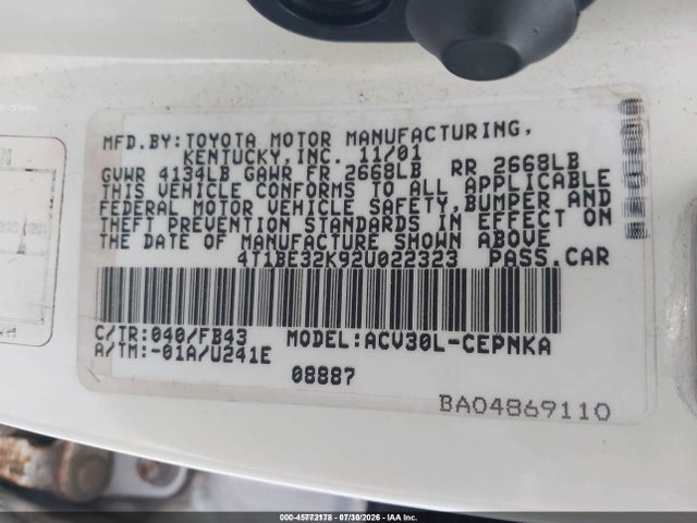 2002 Toyota Camry Le მანქანა იყიდება აუქციონზე, vin: 4T1BE32K92U022323, აუქციონის ნომერი: 45772178