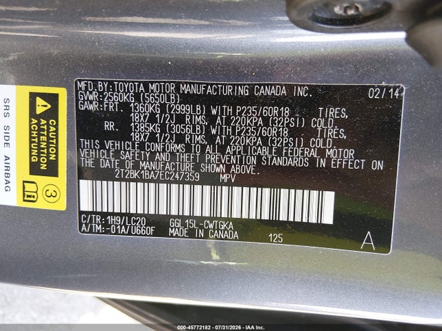 Aukcja sprzedaży 2014 Lexus Rx 350, vin: 2T2BK1BA7EC247359, numer aukcji: 45772182