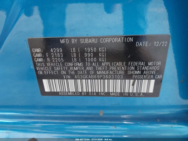 Продажа на аукционе авто 2023 Subaru Impreza Base, vin: 4S3GKAB69P3603103, номер лота: 45772194