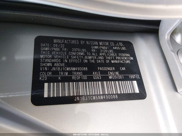2022 Nissan Rogue Sport Sl Awd Xtronic Cvt მანქანა იყიდება აუქციონზე, vin: JN1BJ1CW6NW490088, აუქციონის ნომერი: 45772195