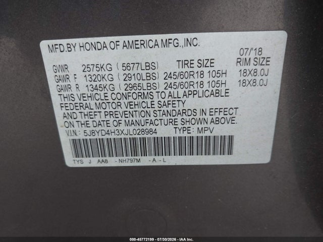 45772199 :رقم المزاد ، 5J8YD4H3XJL028984 vin ، 2018 Acura Mdx مزاد بيع