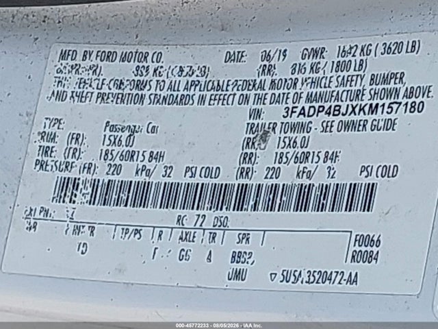Aukcja sprzedaży 2019 Ford Fiesta Se, vin: 3FADP4BJXKM157180, numer aukcji: 45772233