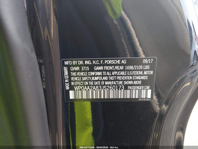 45772246 :رقم المزاد ، WP0AA2A83JS260173 vin ، 2018 Porsche 718 Cayman مزاد بيع
