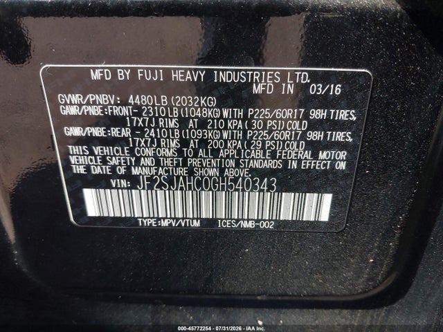 Aukcja sprzedaży 2016 Subaru Forester 2.5i Limited, vin: JF2SJAHC0GH540343, numer aukcji: 45772254