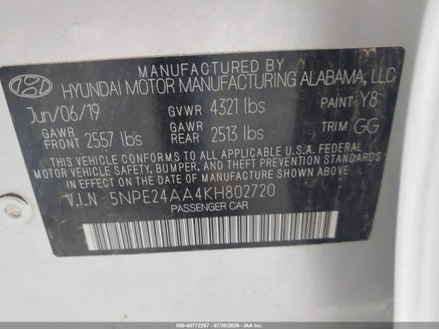 Aukcja sprzedaży 2019 Hyundai Sonata Eco, vin: 5NPE24AA4KH802720, numer aukcji: 45772257