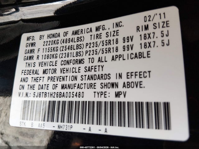 Продаж на аукціоні авто 2011 Acura Rdx, vin: 5J8TB1H26BA005480, номер лоту: 45772261