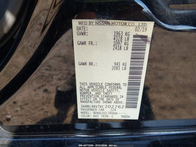 45772280 :رقم المزاد ، 1N4BL4BV7KC202762 vin ، 2019 Nissan Altima 2.5 S مزاد بيع