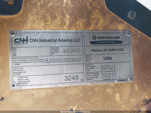 Продажа на аукционе авто 2022 New Holland Roll-belt 460, vin: HBJRB460JMN206430, номер лота: 45772283
