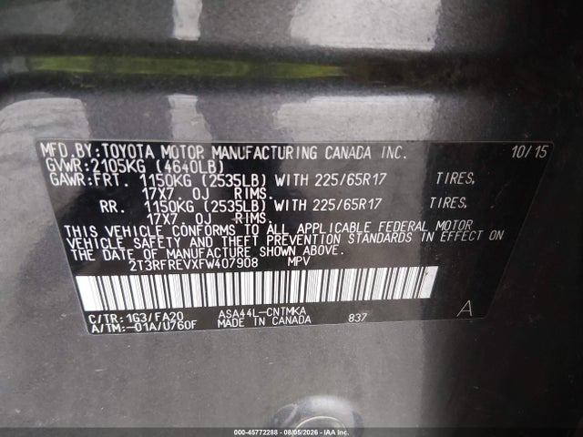 Aukcja sprzedaży 2015 Toyota Rav4 Xle, vin: 2T3RFREVXFW407908, numer aukcji: 45772288