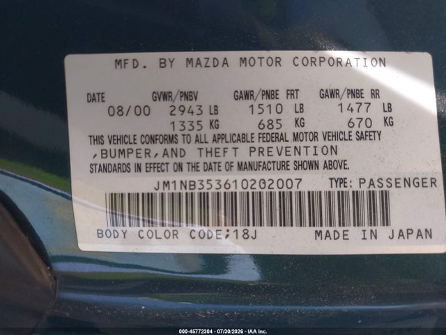 Продажа на аукционе авто 2001 Mazda Mx-5 Miata Ls/special Edition, vin: JM1NB353610202007, номер лота: 45772304