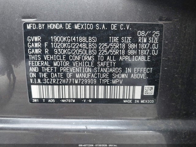 Продажа на аукционе авто 2026 Honda Hr-v Awd Ex-l, vin: 3CZRZ2H77TM729909, номер лота: 45772306