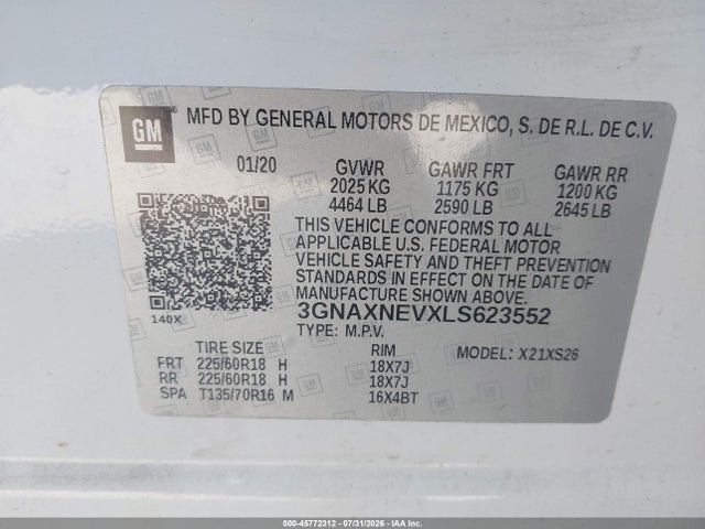 Aukcja sprzedaży 2020 Chevrolet Equinox Fwd Premier 1.5l Turbo, vin: 3GNAXNEVXLS623552, numer aukcji: 45772312
