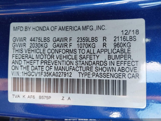 Продаж на аукціоні авто 2019 Honda Accord Sport, vin: 1HGCV1F35KA027912, номер лоту: 45772313