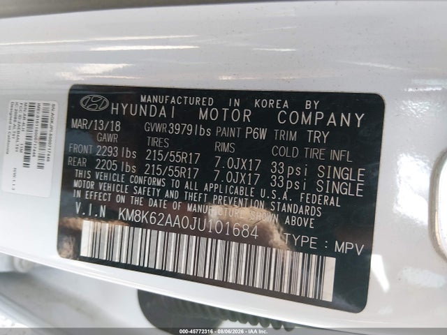 2018 Hyundai Kona Sel მანქანა იყიდება აუქციონზე, vin: KM8K62AA0JU101684, აუქციონის ნომერი: 45772316