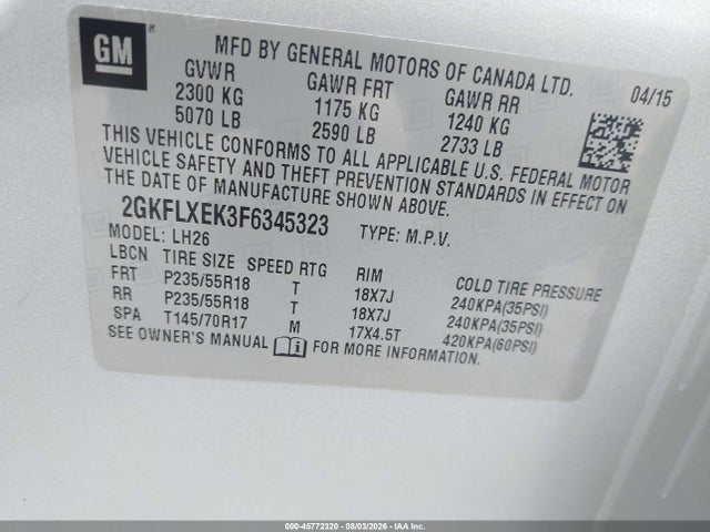 Продаж на аукціоні авто 2015 Gmc Terrain Slt-1, vin: 2GKFLXEK3F6345323, номер лоту: 45772320
