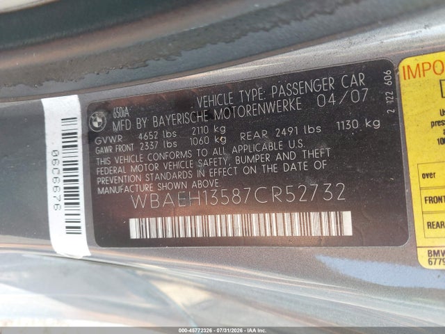 Продаж на аукціоні авто 2007 Bmw 650i, vin: WBAEH13587CR52732, номер лоту: 45772326