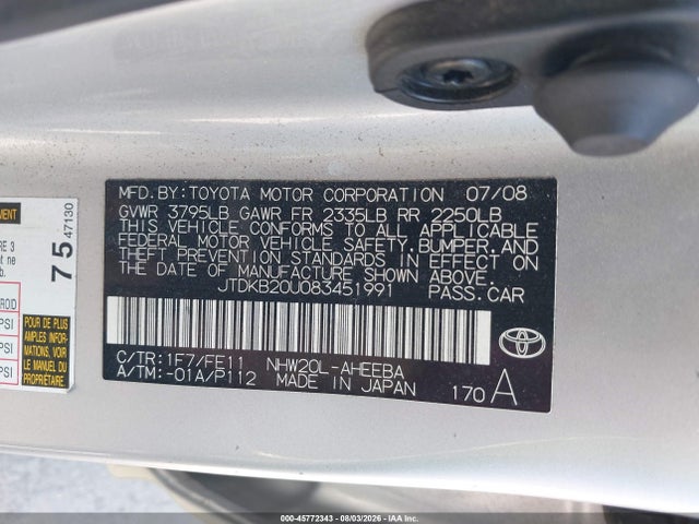 Продажа на аукционе авто 2008 Toyota Prius, vin: JTDKB20U083451991, номер лота: 45772343