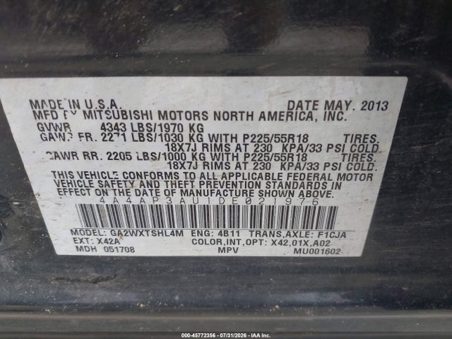Продаж на аукціоні авто 2013 Mitsubishi Outlander Sport Es, vin: 4A4AP3AU1DE021976, номер лоту: 45772356