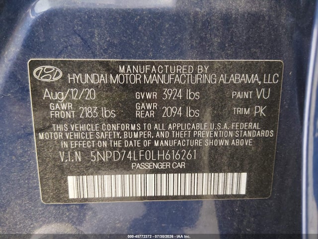 5NPD74LF0LH616261 Hyundai ELANTRA SE