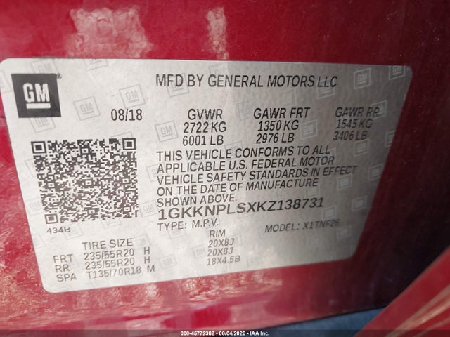 45772382 :رقم المزاد ، 1GKKNPLSXKZ138731 vin ، 2019 Gmc Acadia Denali مزاد بيع