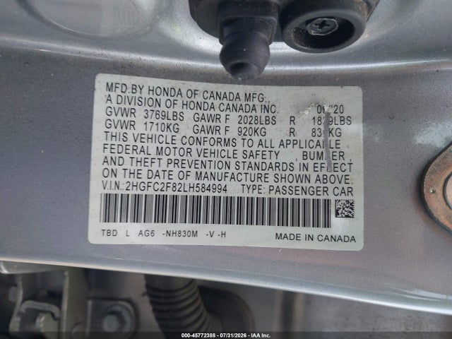 Продаж на аукціоні авто 2020 Honda Civic Sport, vin: 2HGFC2F82LH584994, номер лоту: 45772388