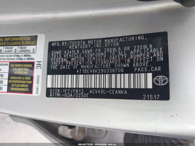Продажа на аукционе авто 2009 Toyota Camry Le, vin: 4T1BE46K29U338706, номер лота: 45772389