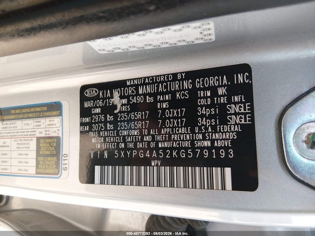 2019 Kia Sorento 3.3l Lx მანქანა იყიდება აუქციონზე, vin: 5XYPG4A52KG579193, აუქციონის ნომერი: 45772392