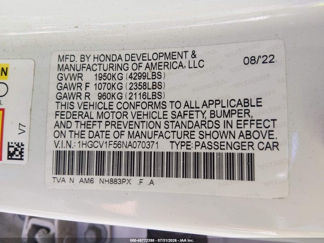 Aukcja sprzedaży 2022 Honda Accord Ex-l, vin: 1HGCV1F56NA070371, numer aukcji: 45772398