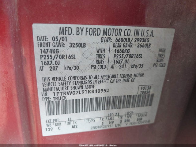 Aukcja sprzedaży 2001 Ford F-150 Harley-davidson Edition/king Ranch Edition/lariat/xlt, vin: 1FTRW07L91KB48952, numer aukcji: 45772418