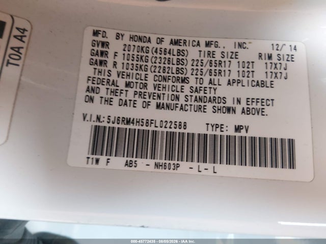 2015 Honda Cr-v Ex მანქანა იყიდება აუქციონზე, vin: 5J6RM4H58FL022588, აუქციონის ნომერი: 45772435