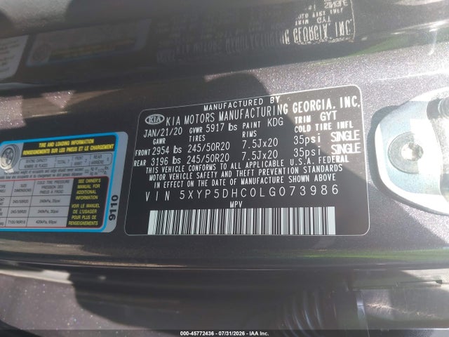 Aukcja sprzedaży 2020 Kia Telluride Sx, vin: 5XYP5DHC0LG073986, numer aukcji: 45772436