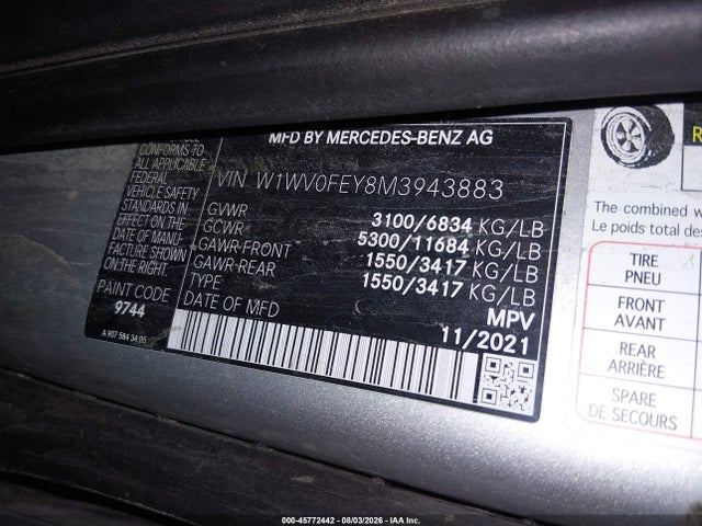 45772442 :رقم المزاد ، W1WV0FEY8M3943883 vin ، 2021 Mercedes-benz Metris مزاد بيع