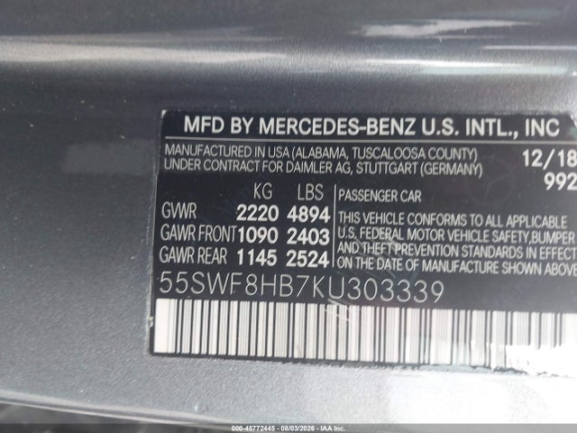 2019 Mercedes-benz Amg C 63 S მანქანა იყიდება აუქციონზე, vin: 55SWF8HB7KU303339, აუქციონის ნომერი: 45772445