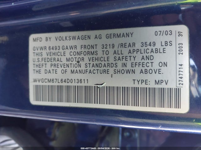 45772449 :رقم المزاد ، WVGCM67L64D013611 vin ، 2004 Volkswagen Touareg V8 مزاد بيع