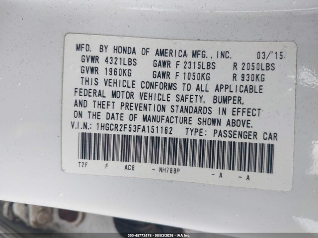 45772478 :رقم المزاد ، 1HGCR2F53FA151162 vin ، 2015 Honda Accord Sport مزاد بيع
