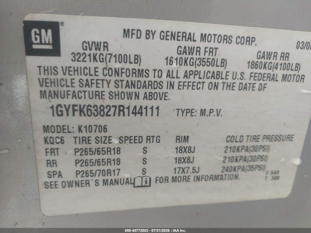 Продажа на аукционе авто 2007 Cadillac Escalade, vin: 1GYFK63827R144111, номер лота: 45772502