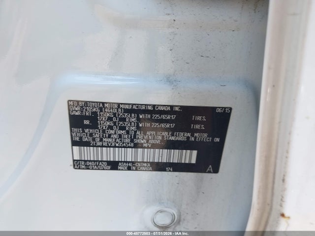 45772503 :رقم المزاد ، 2T3RFREV3FW354548 vin ، 2015 Toyota Rav4 Xle مزاد بيع