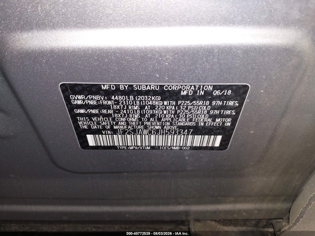 45772539 :رقم المزاد ، JF2SJAWC6JH593347 vin ، 2018 Subaru Forester 2.5i Touring مزاد بيع