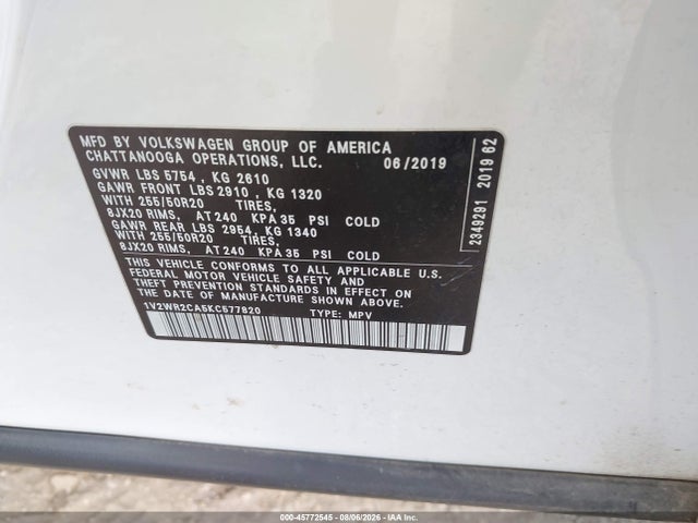 1V2WR2CA5KC577820 Volkswagen Atlas 3.6l V6 Se W/technology
