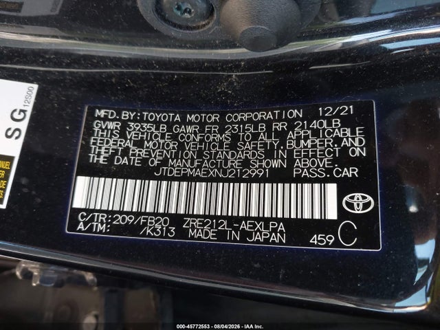2022 Toyota Corolla Le მანქანა იყიდება აუქციონზე, vin: JTDEPMAEXNJ212991, აუქციონის ნომერი: 45772553