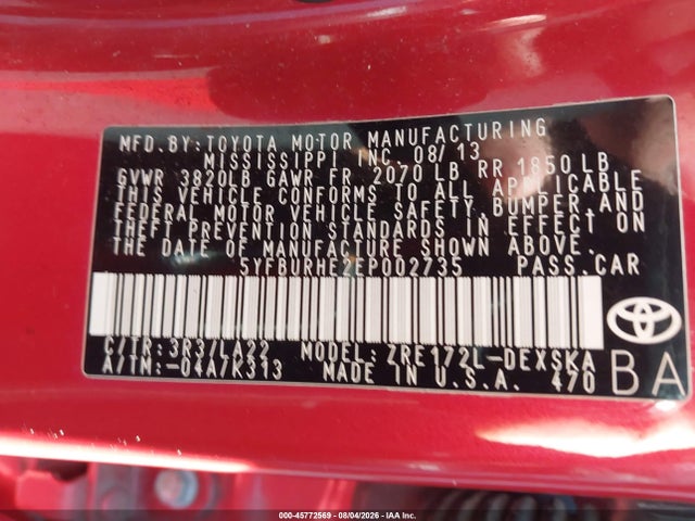 45772569 :رقم المزاد ، 5YFBURHE2EP002735 vin ، 2014 Toyota Corolla S Premium مزاد بيع