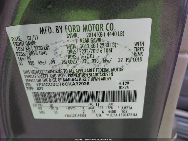 Auction sale of the 2012 Ford Escape Xls, vin: 1FMCU0C78CKA32029, lot number: 45772598
