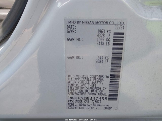 Aukcja sprzedaży 2025 Nissan Altima Sr Fwd, vin: 1N4BL4CV1SN347458, numer aukcji: 45772597