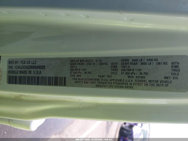 Продажа на аукционе авто 2021 Jeep Wrangler Unlimited Sport Altitude 4x4, vin: 1C4HJXDN2MW649039, номер лота: 45772608