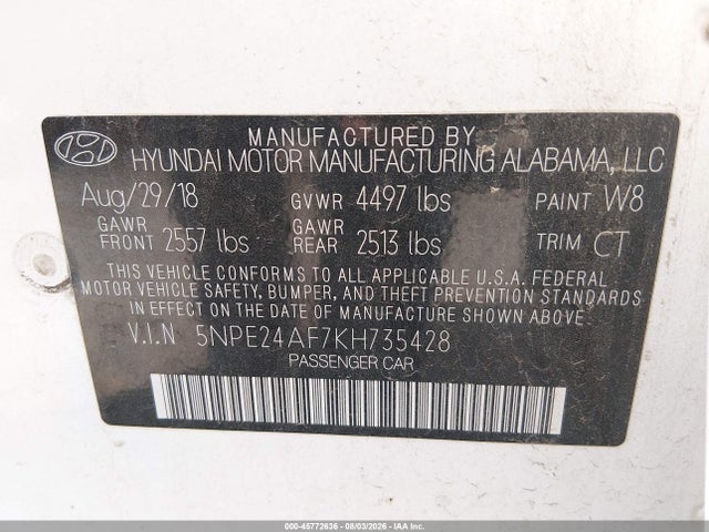 Продаж на аукціоні авто 2019 Hyundai Sonata Se, vin: 5NPE24AF7KH735428, номер лоту: 45772636