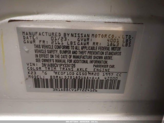 2023 Nissan Sentra Sv Xtronic Cvt მანქანა იყიდება აუქციონზე, vin: 3N1AB8CV1PY224126, აუქციონის ნომერი: 45772644